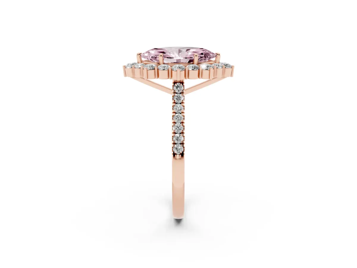 Fancy Pink Marquise Cut Halo Diamond Ring with Pavé Band and Prong Setting Rose gold