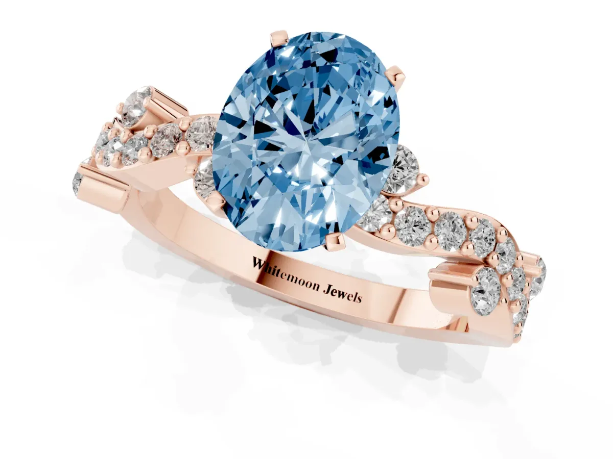 Fancy Blue Oval Cut Cut Solitaire Diamond Twisted Band with Pave Setting Rose gold