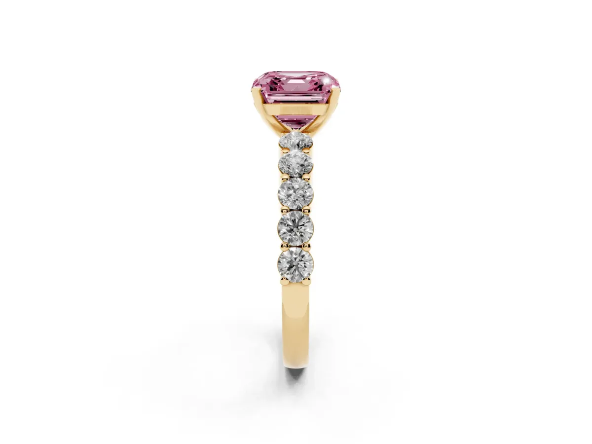 Fancy Pink Asscher Cut Diamond Solitaire Ring with Shared Prong Round Side Stones Yellow gold
