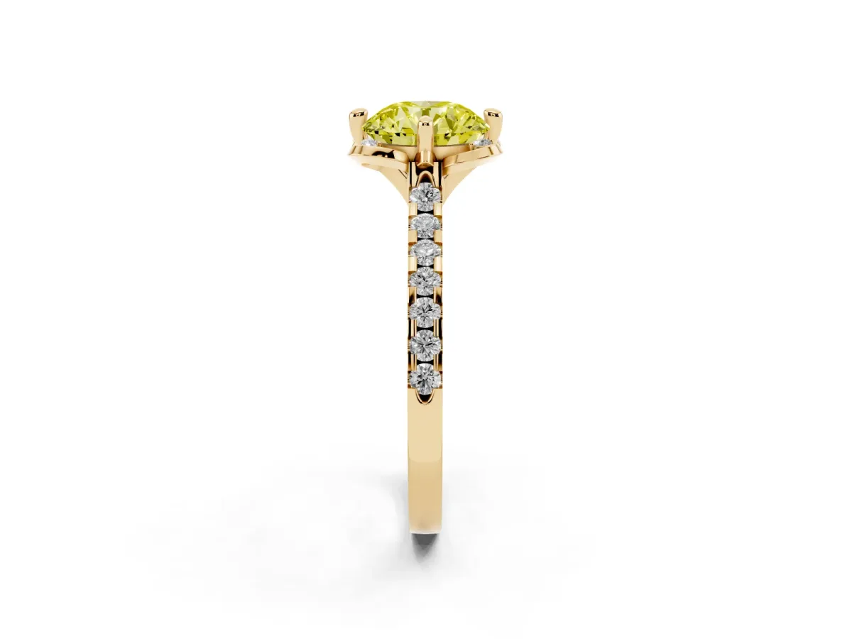 Fancy Yellow Round Cut Diamond Ring with Pavé Band and Floral Prong Setting Yellow gold