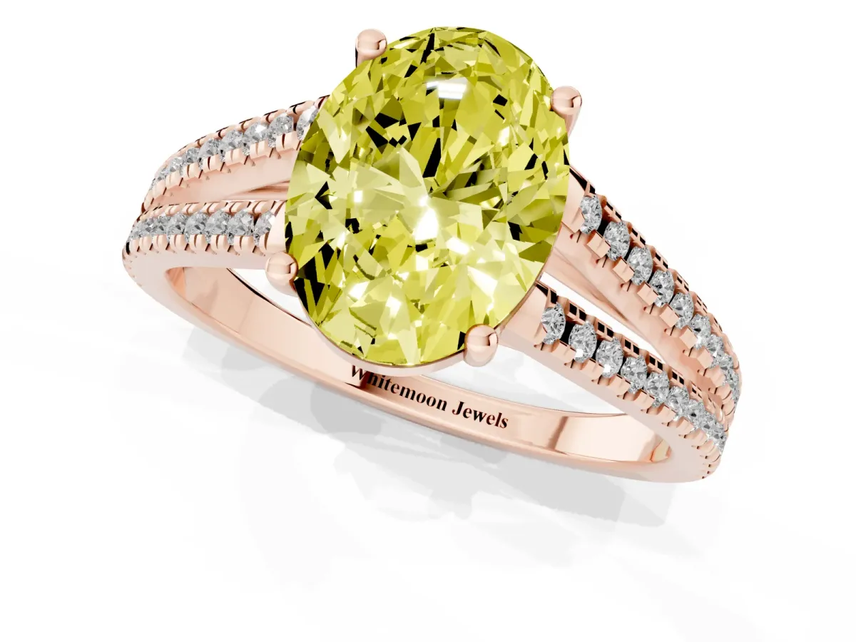 Fancy Yellow Oval Cut Diamond Solitaire Engagement Ring with Split Shank Pavé Band Rose gold