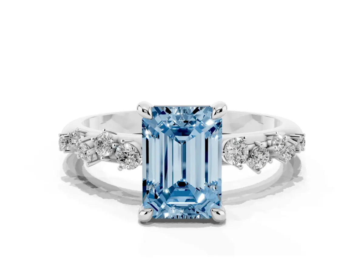 Fancy Blue Emerald Cut Cut Diamond Vine Band with Four-Prong Setting Silver