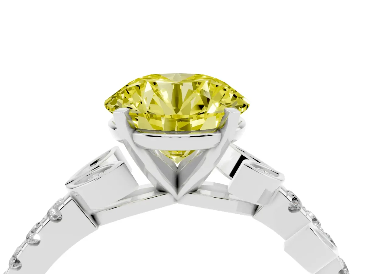 Fancy Yellow Round Cut Solitaire Leaf-Inspired Diamond Ring with Pavé Band and Four-Prong Setting Silver