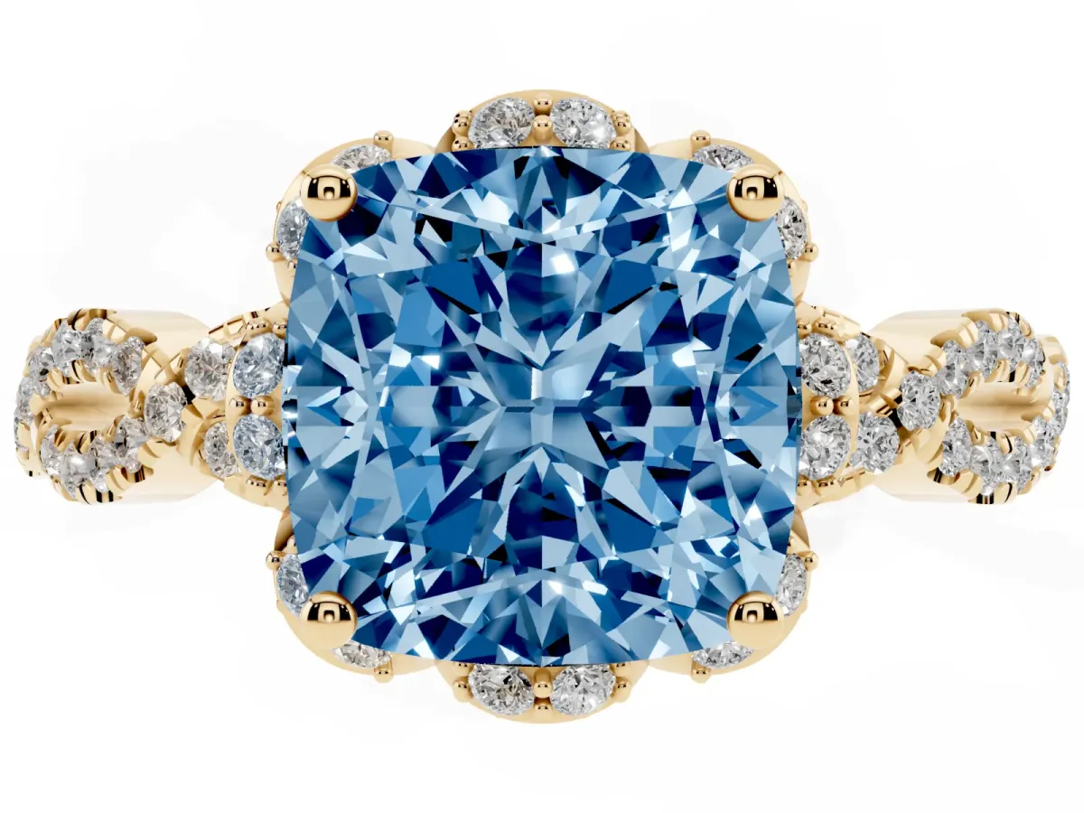 Fancy Blue Cushion Cut Halo Twist Band Solitaire Ring with Six-Prong Setting Yellow gold