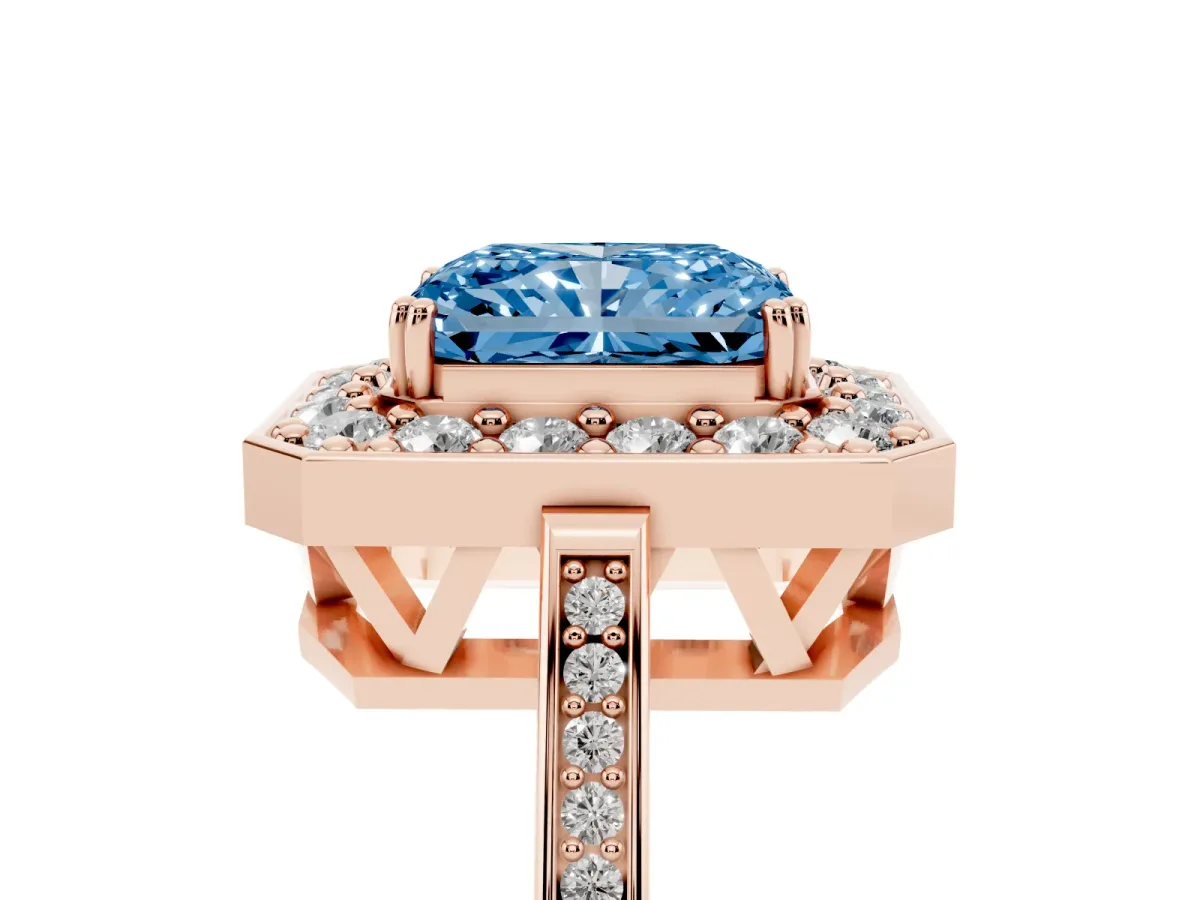 Fancy Blue Radiant Cut Diamond Halo Ring with Split Shank and Four-Prong Setting Rose gold