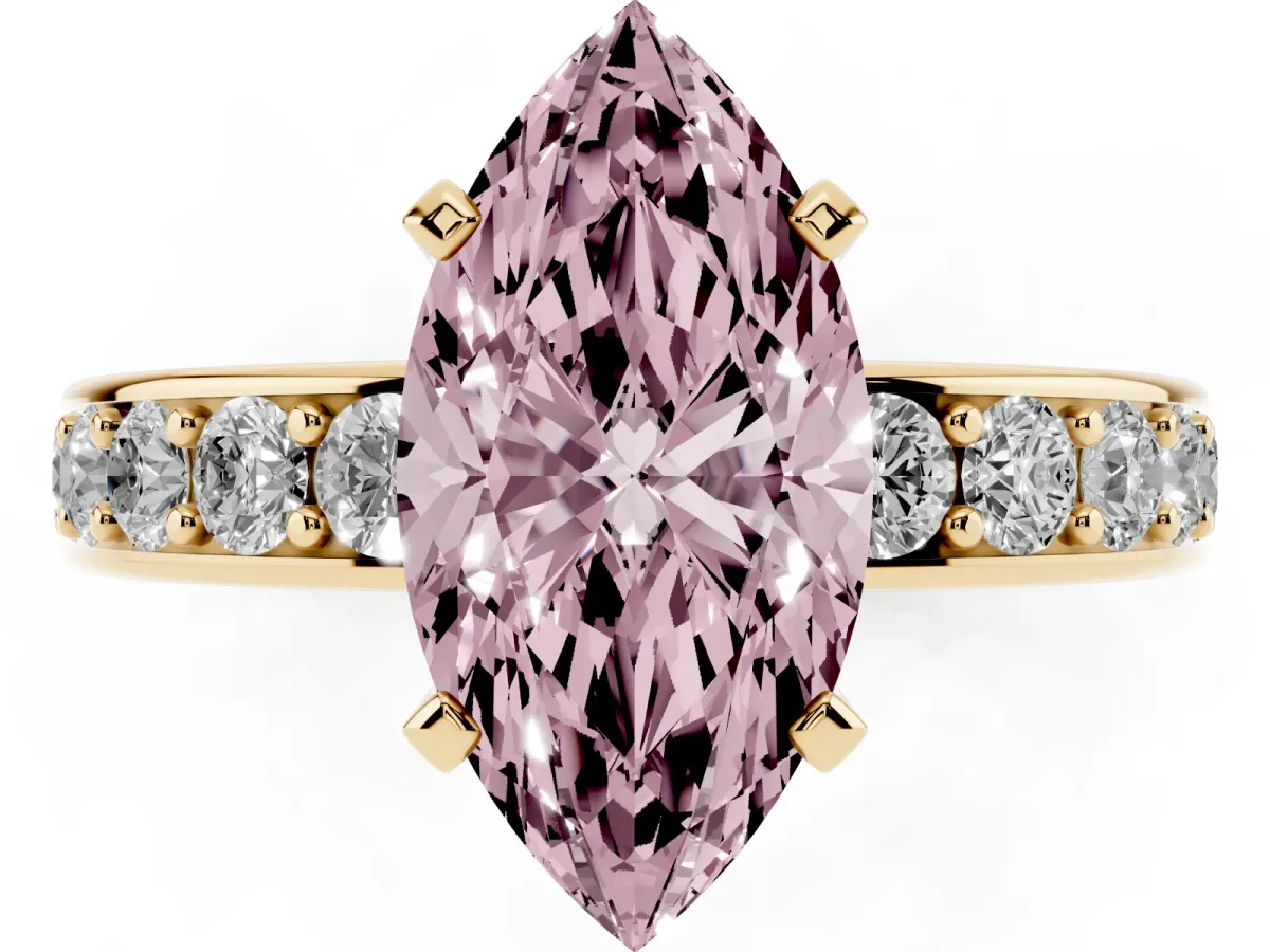 Fancy Pink Marquise Cut Diamond Engagement Ring with Channel Set Round Band and Prong Setting Yellow gold