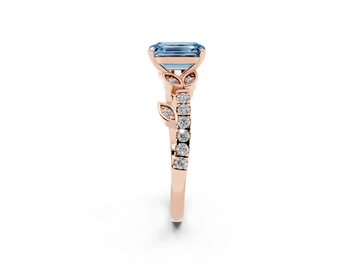 Fancy Blue Emerald Cut Solitaire Leaf-Inspired Diamond Ring with Pavé Band and Four-Prong Setting Rose gold