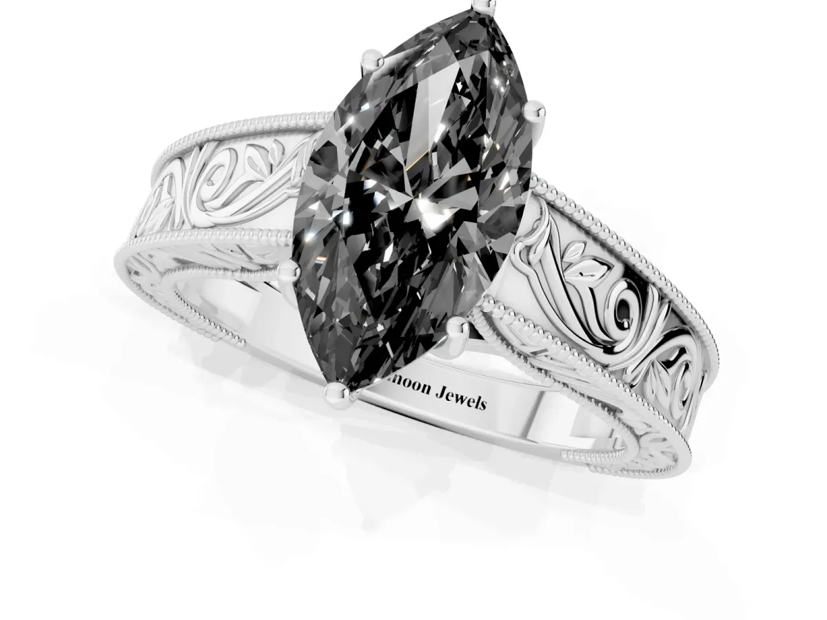 Fancy Black Marquise Cut Diamond Solitaire Ring with Engraved Band and Four-Prong Setting Silver