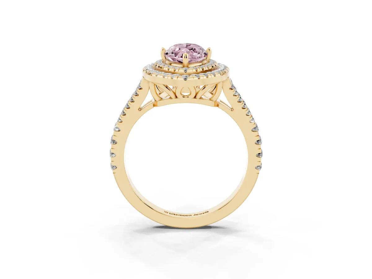 Fancy Pink Marquise Cut Diamond Double Halo Ring with Pavé Band and Prong Setting Yellow gold