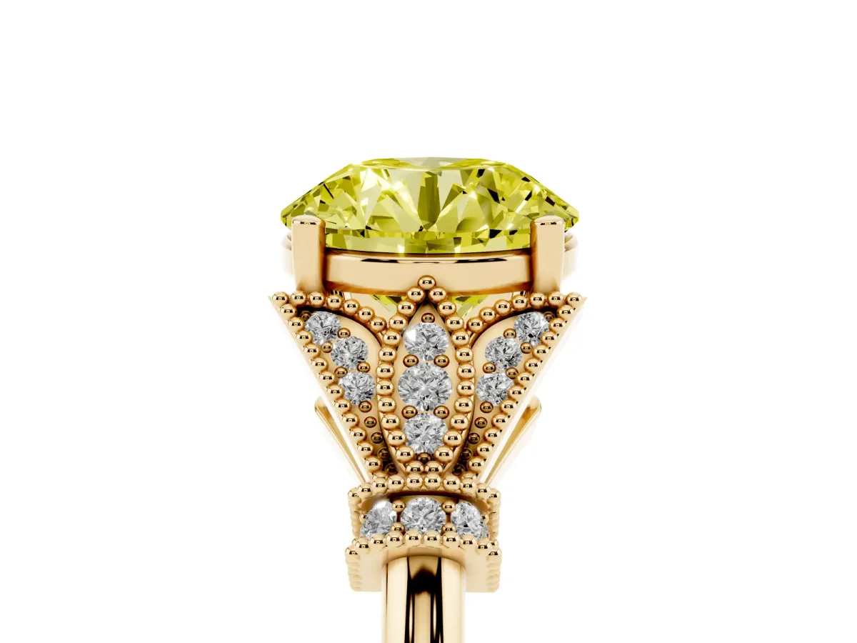 Fancy Yellow Round Cut Diamond Solitaire Ring with Floral Filigree and Pave Accents Yellow gold
