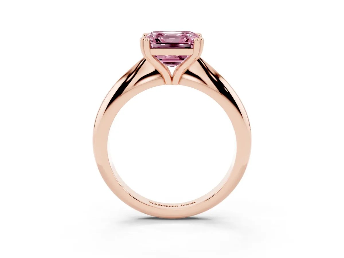 Fancy Pink Asscher Cut Cut Solitaire Engagement Ring with Tapered Band and Four-Prong Setting Rose gold