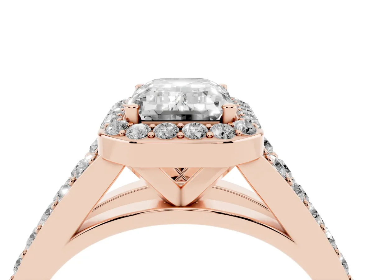Emerald Cut Diamond Split Shank Halo Ring with Four-Prong Setting Rose gold