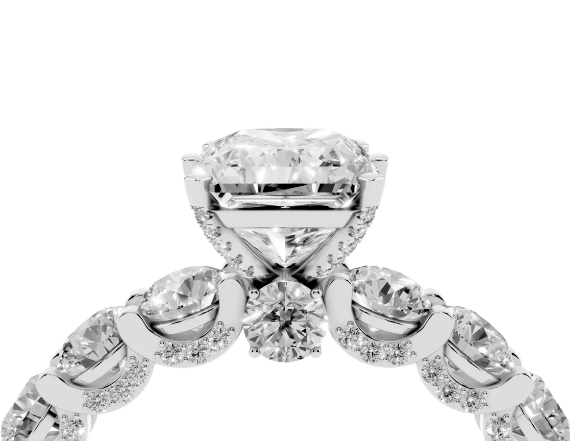Radiant Cut Diamond Side Stone Engagement Ring with Four-Prong Setting Silver