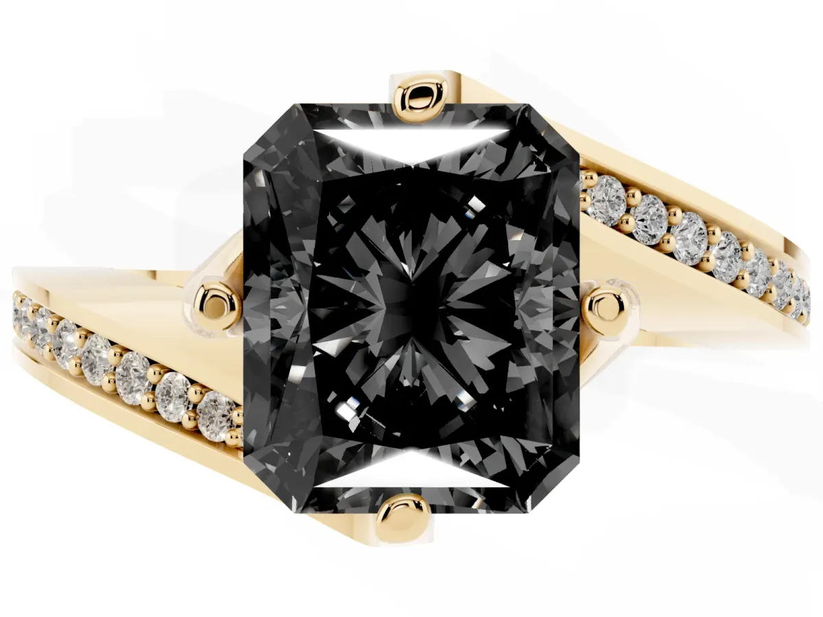 Fancy Black Radiant Cut Solitaire Diamond Twist Band with Pavé Setting and Four-Prong Setting Yellow gold