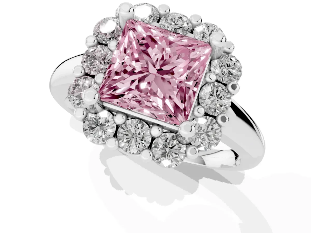 Fancy Pink Princess Cut Halo Cluster Diamond Engagement Ring with Prong Setting and Polished Band Platinum