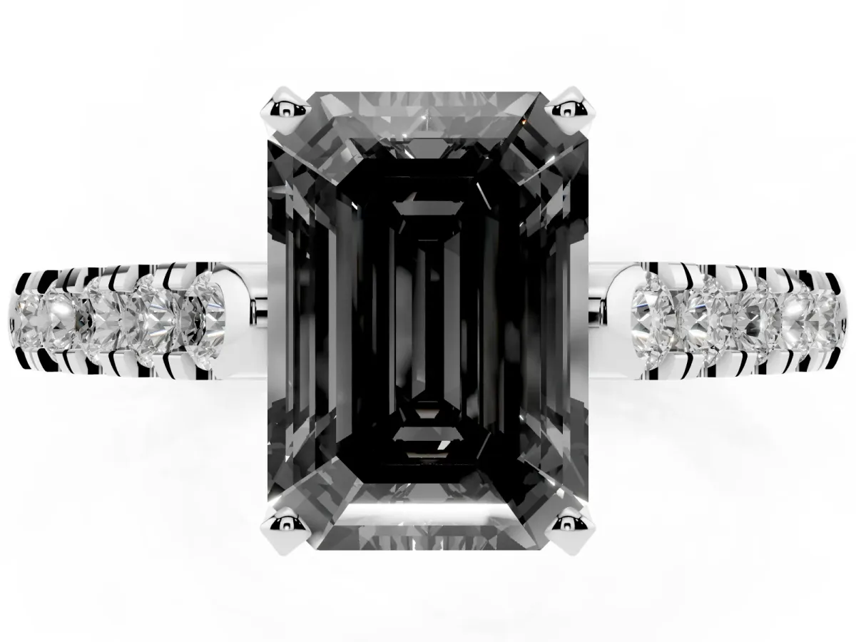 Fancy Black Emerald Cut Diamond Pavé Band Solitaire Ring with Prong Setting Silver