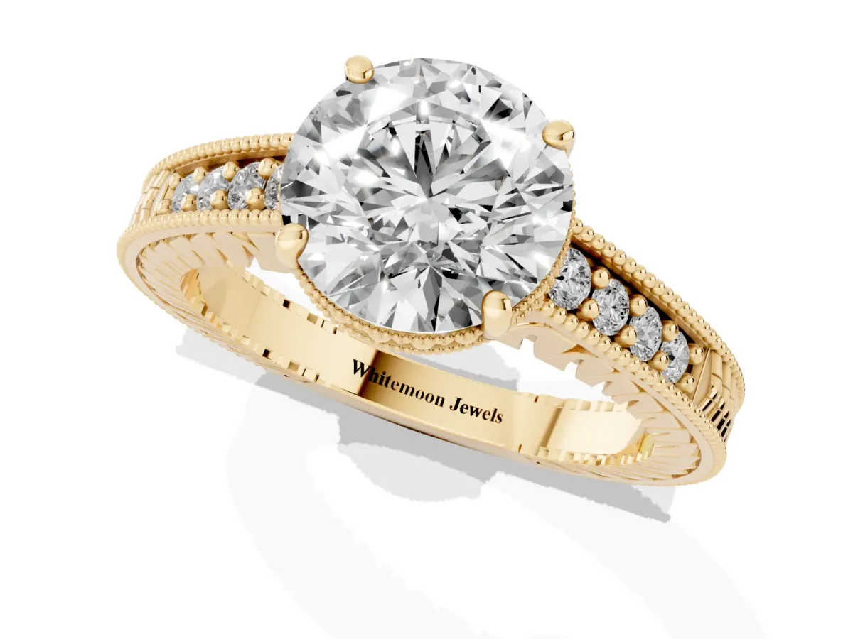 Round Cut Solitaire Pavé Diamond Milgrain Engagement Ring with Four-Prong Setting Yellow gold