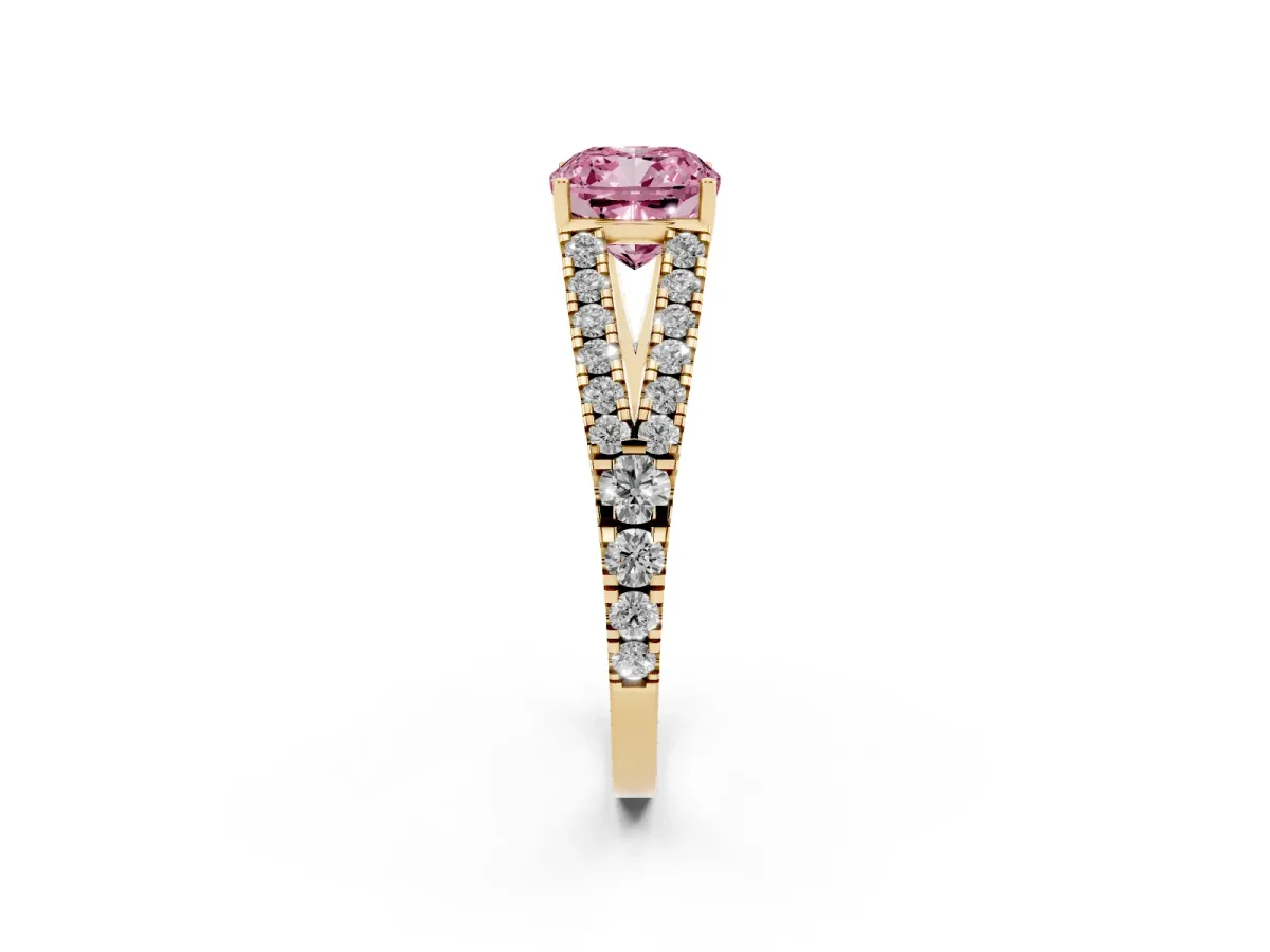 Fancy Pink Cushion Cut Diamond Split Shank Pavé Engagement Ring with Four-Prong Setting Yellow gold