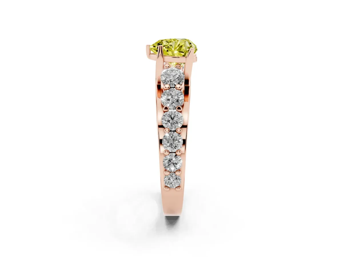 Fancy Yellow Heart Cut Diamond Engagement Ring with Pavé Band and Four-Prong Setting Rose gold