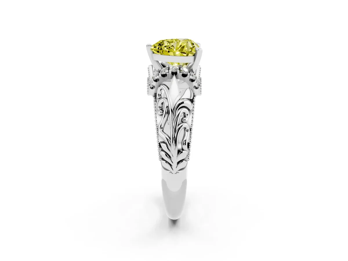 Fancy Yellow Heart Cut Solitaire Filigree Engagement Ring with Halo and Prong Setting Platinum