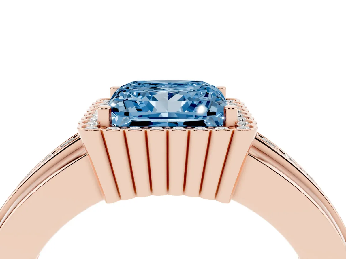 Fancy Blue Princess Cut Cut Halo Pave Band Four-Prong Ring Rose gold