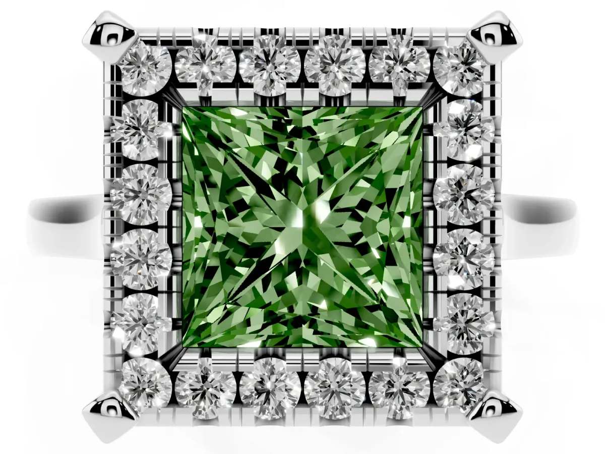 Fancy Green Princess Cut Diamond Cluster Halo Solitaire with Four-Prong Setting Silver
