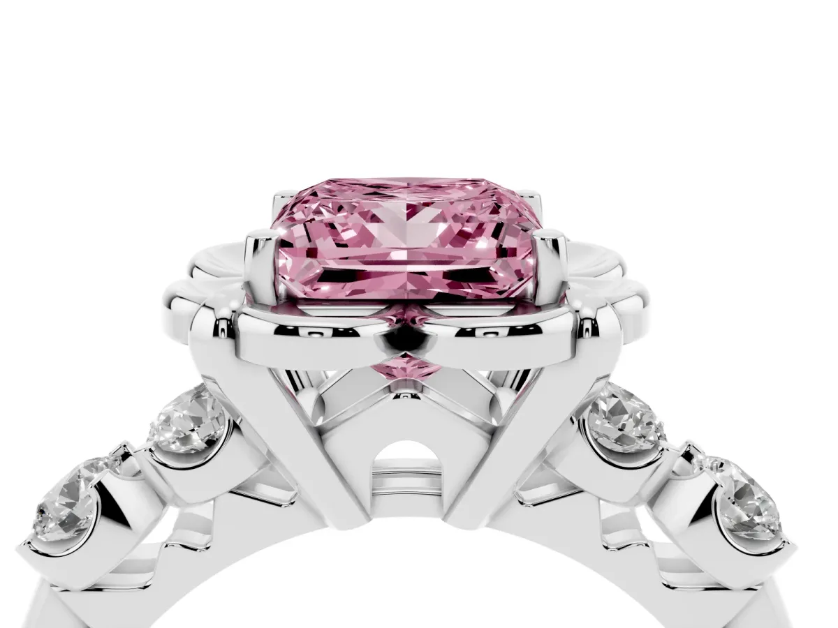 Fancy Pink Princess Cut Cut Diamond Floral Halo Engagement Ring with Shared Prong Setting Platinum