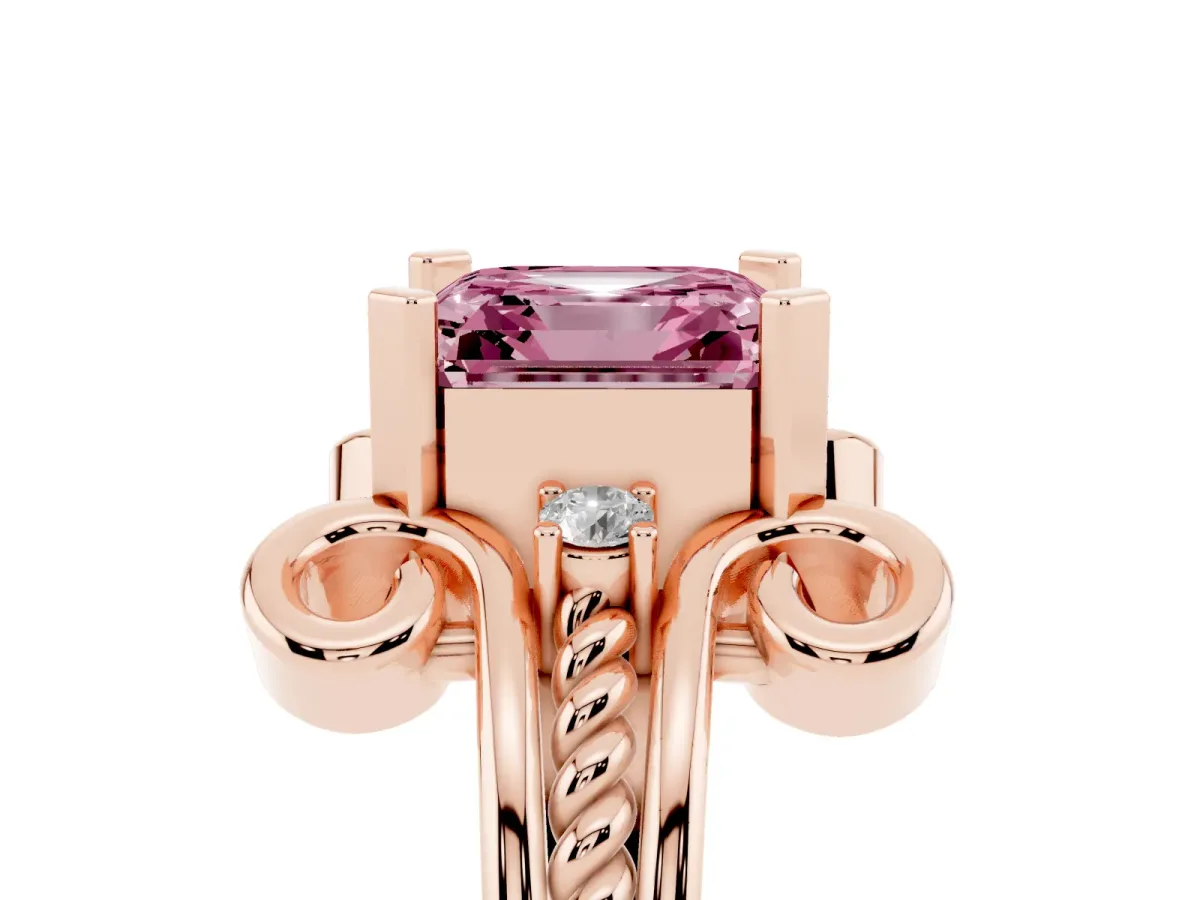 Fancy Pink Asscher Cut Solitaire Twisted Band Scroll Prong Ring Rose gold