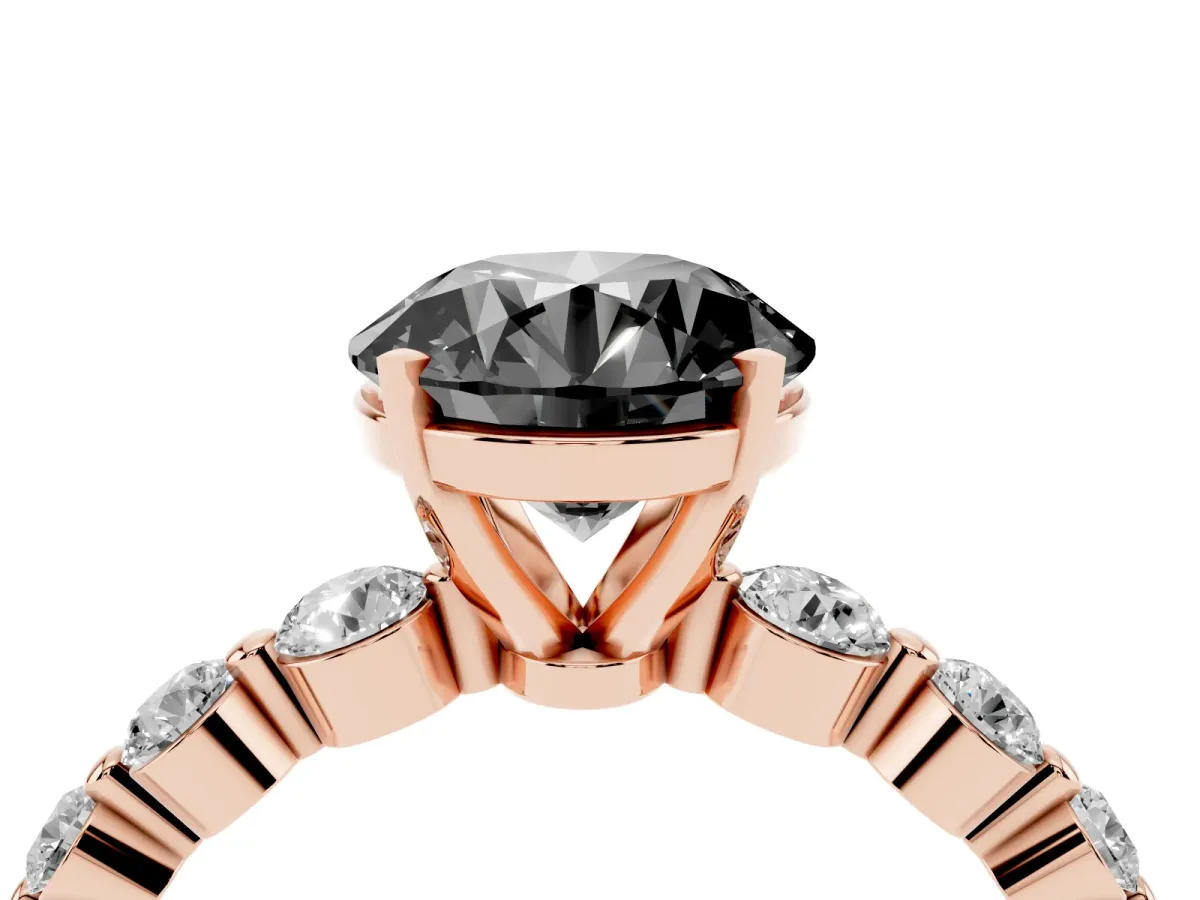 Fancy Black Round Cut Solitaire Diamond Ring with Pave Band and Four-Prong Setting Rose gold