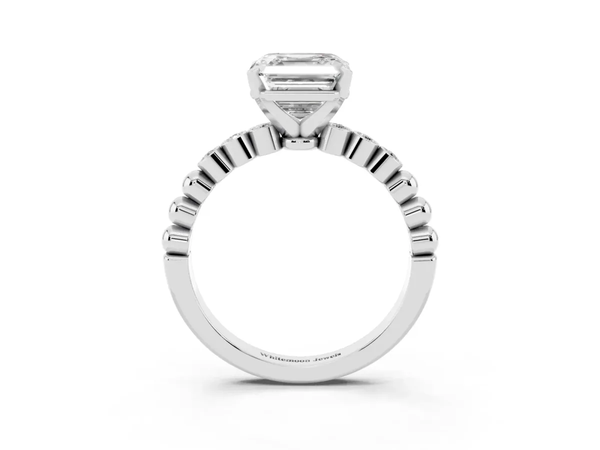 Asscher Cut Solitaire Bezel Accent Diamond Engagement Ring with Beaded Band and Four-Prong Setting Silver