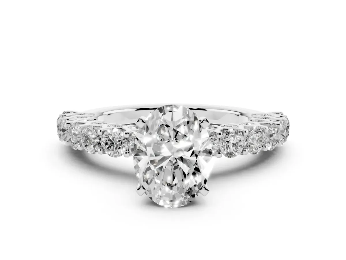 Oval Cut Diamond Solitaire Ring with Shared Prong Pavé Band and Four-Prong Setting Silver