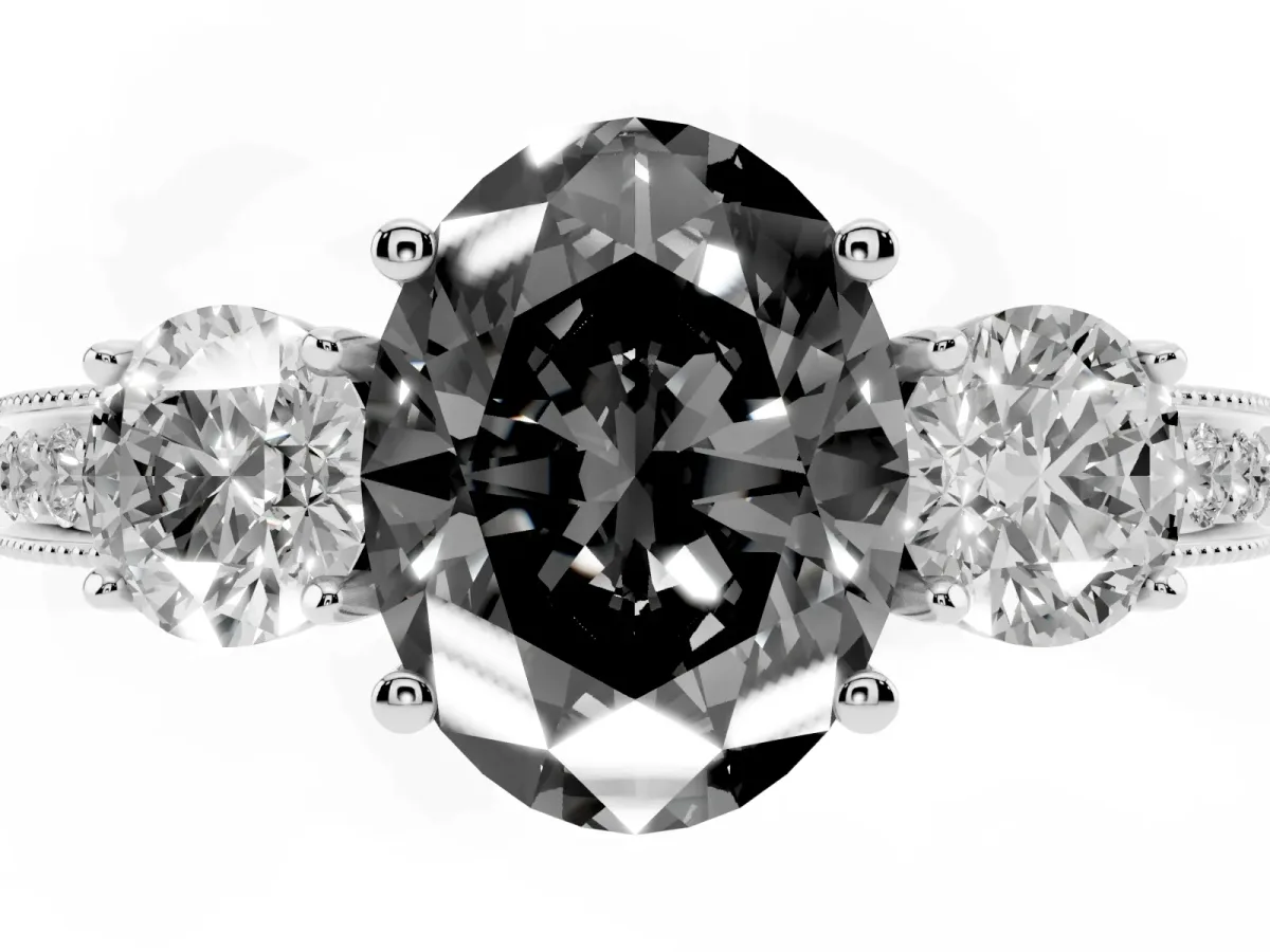 Fancy Black Oval Cut Three-Stone Diamond Ring with Pavé Band and Four-Prong Setting Platinum
