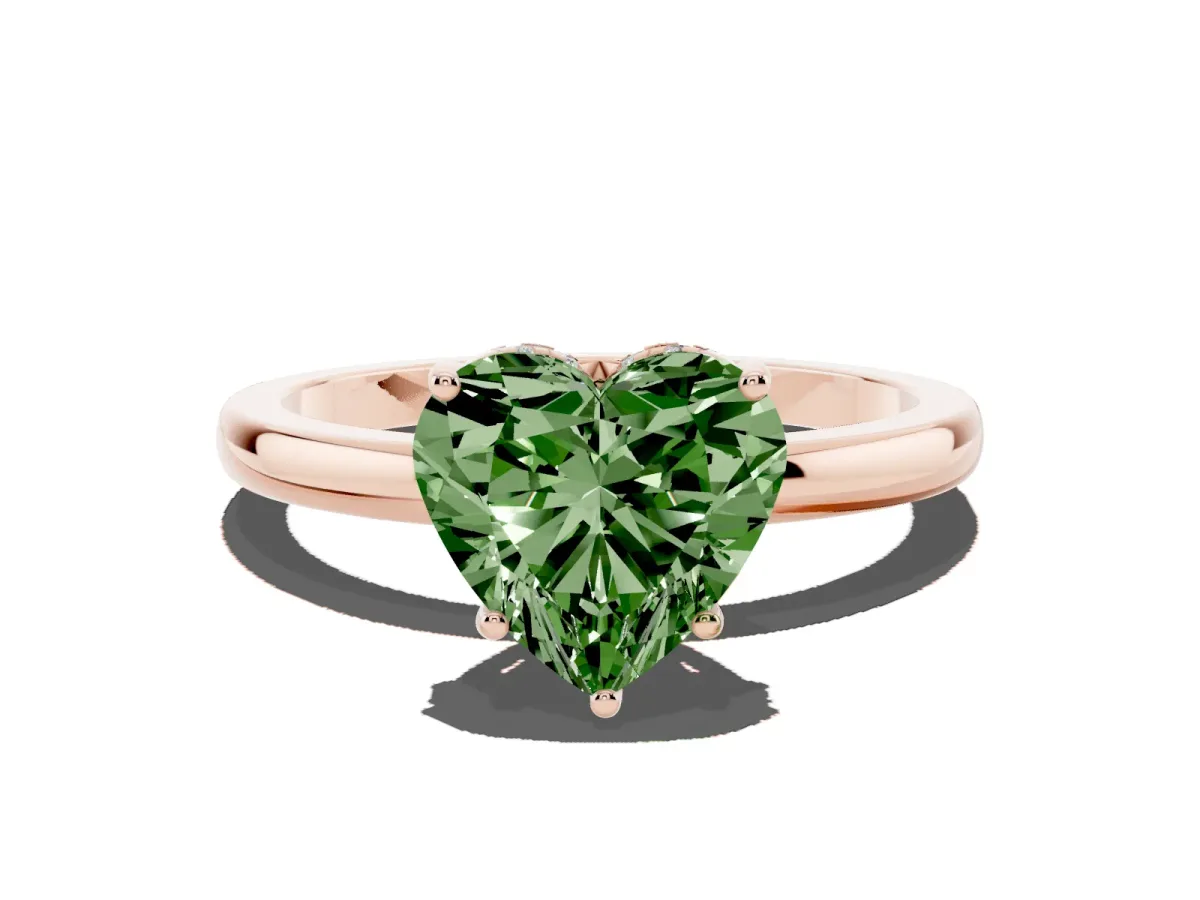 Fancy Green Heart Cut Solitaire Diamond Ring with Prong Setting and Plain Band Rose gold