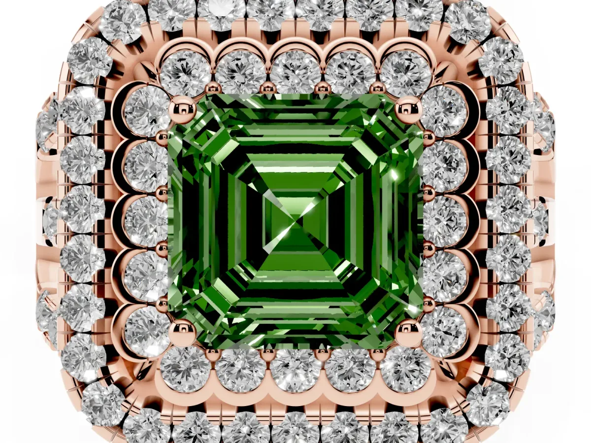 Fancy Green Asscher Cut Diamond Double Halo Ring with Round Pavé Split Shank and Prong Setting Rose gold