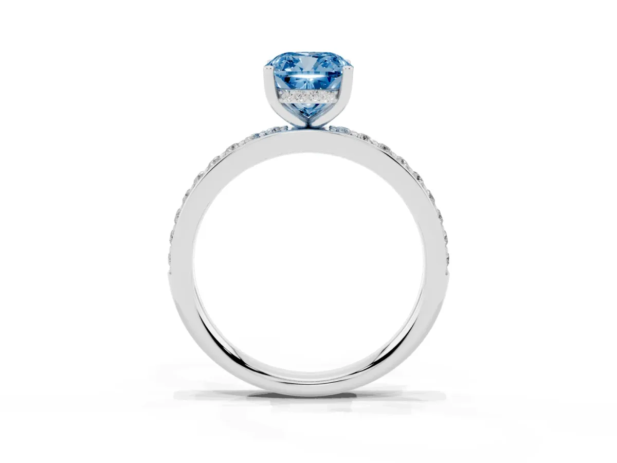 Fancy Blue Cushion Cut Cut Diamond Pavé Band Ring with Four-Prong Setting Silver