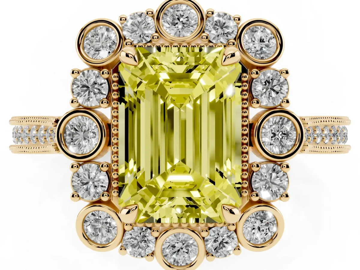 Fancy Yellow Emerald Cut Halo Milgrain Pave Diamond Ring with Four-Prong Setting Yellow gold