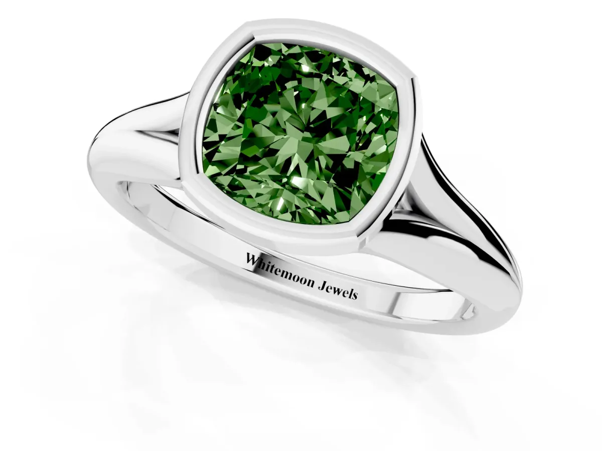 Fancy Green Bezel Set Cushion Cut Solitaire Diamond Ring with Smooth Band Platinum
