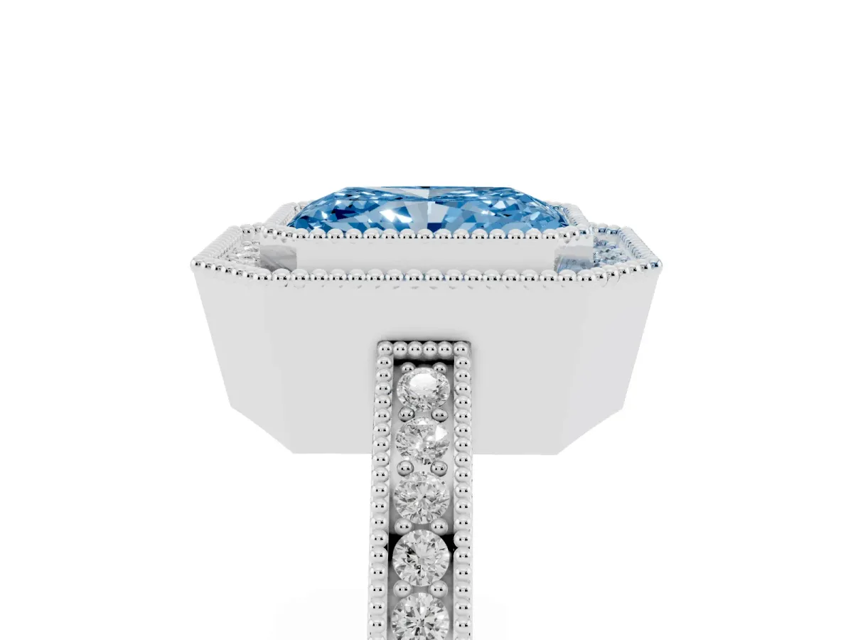 Fancy Blue Radiant Cut Cut Halo Diamond Ring with Pavé Band and Milgrain Prong Setting Platinum