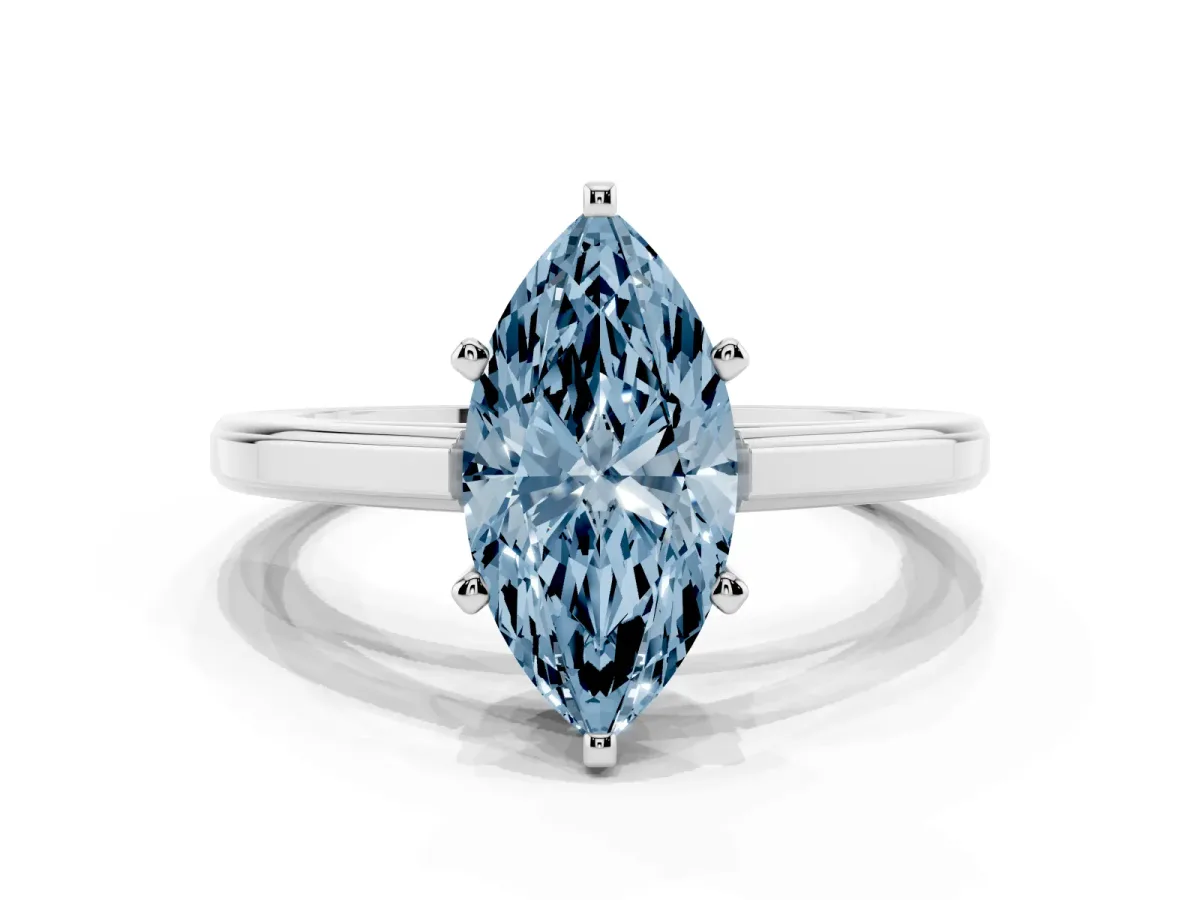 Fancy Blue Marquise Cut Solitaire Diamond Ring with Four-Prong Setting and Classic Band Platinum