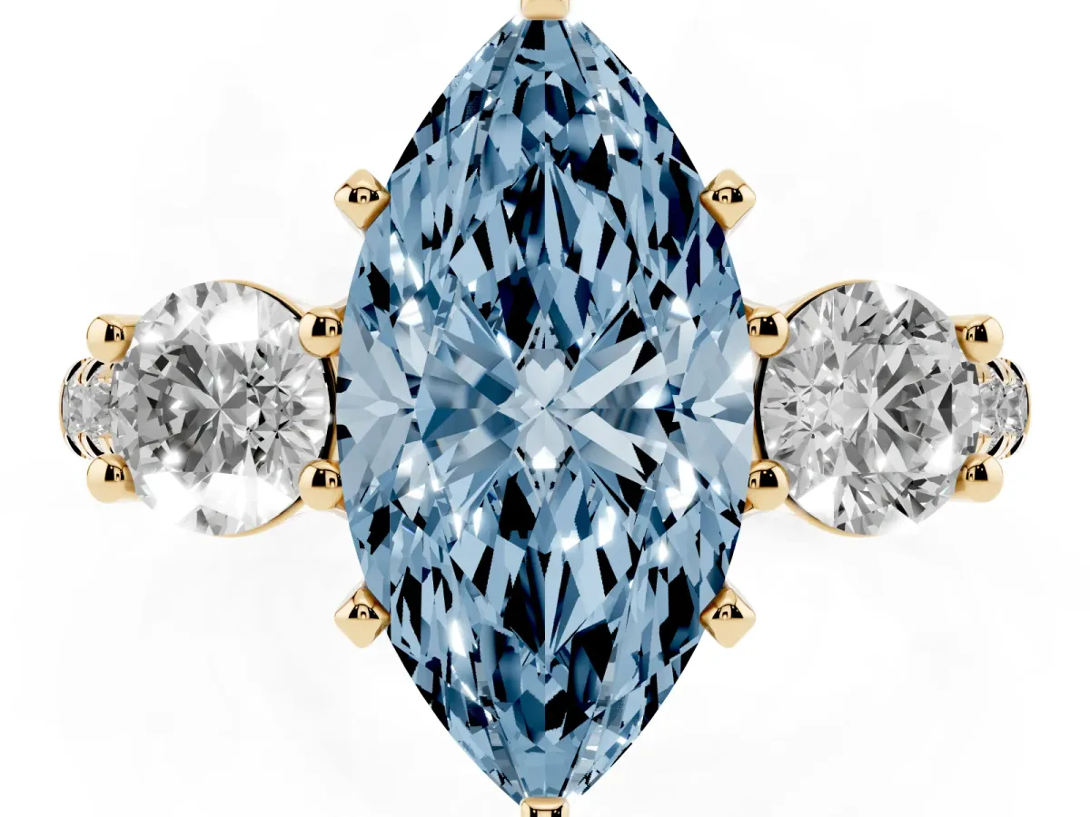 Fancy Blue Three-Stone Marquise Cut Diamond Pavé Band with Four-Prong Setting Yellow gold