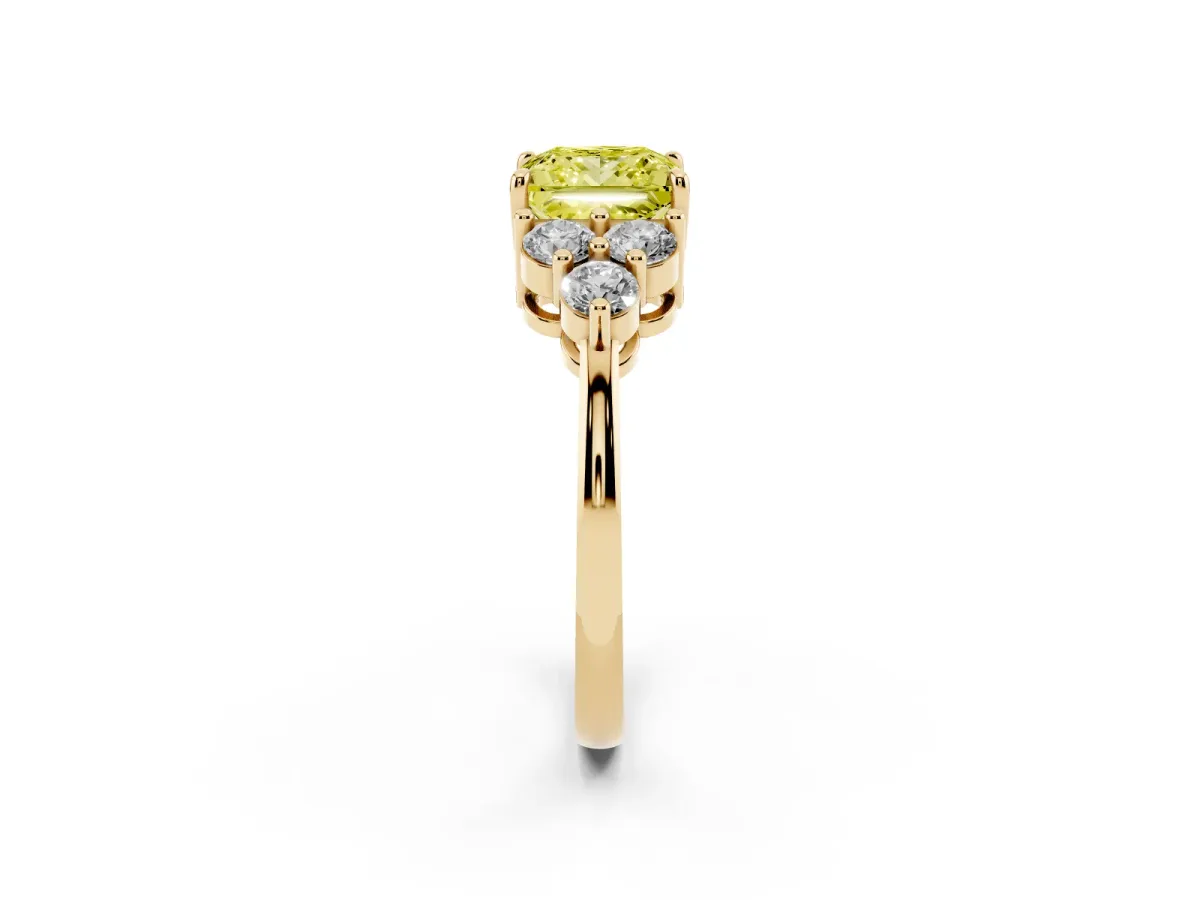 Fancy Yellow Princess Cut Brilliant Diamond Cluster Accent Solitaire Ring with Prong Setting Yellow gold