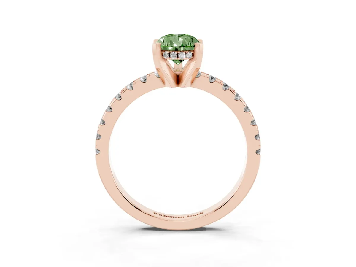 Fancy Green Pear Cut Diamond Solitaire Ring with Round Pavé Band and Four-Prong Setting Rose gold