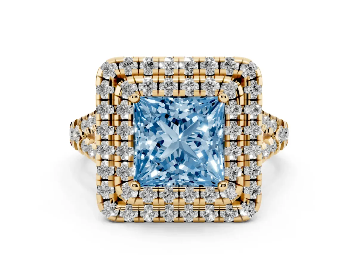 Fancy Blue Double Halo Princess Cut Diamond Pavé Split Shank Ring with Prong Setting Yellow gold