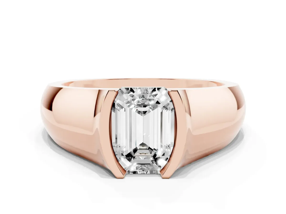 Emerald Cut Solitaire Bezel Set Diamond Ring with Wide Band Rose gold