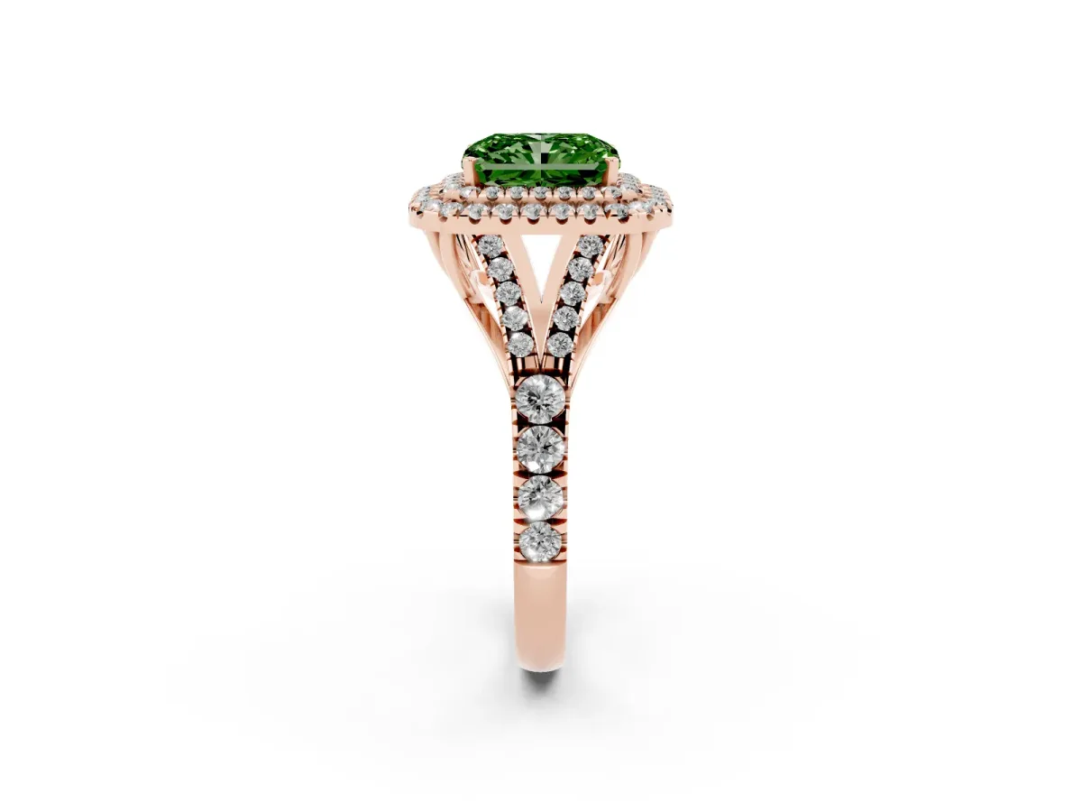 Fancy Green Radiant Cut Diamond Double Halo Ring with Split Shank and Prong Setting Rose gold