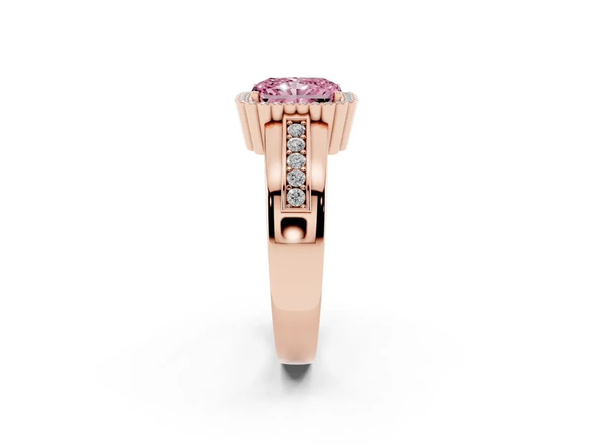 Fancy Pink Radiant Cut Cut Halo Pave Band Four-Prong Ring Rose gold