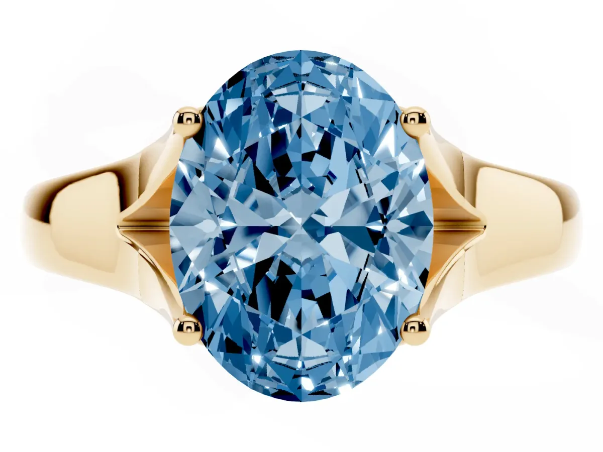Fancy Blue Oval Cut Solitaire Diamond Ring with Cathedral Band and Four-Prong Setting Yellow gold