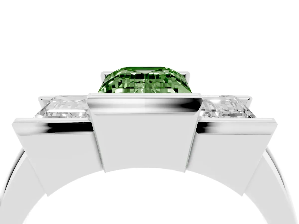 Fancy Green Three Stone Emerald Cut Cut Channel Set Diamond Ring Platinum