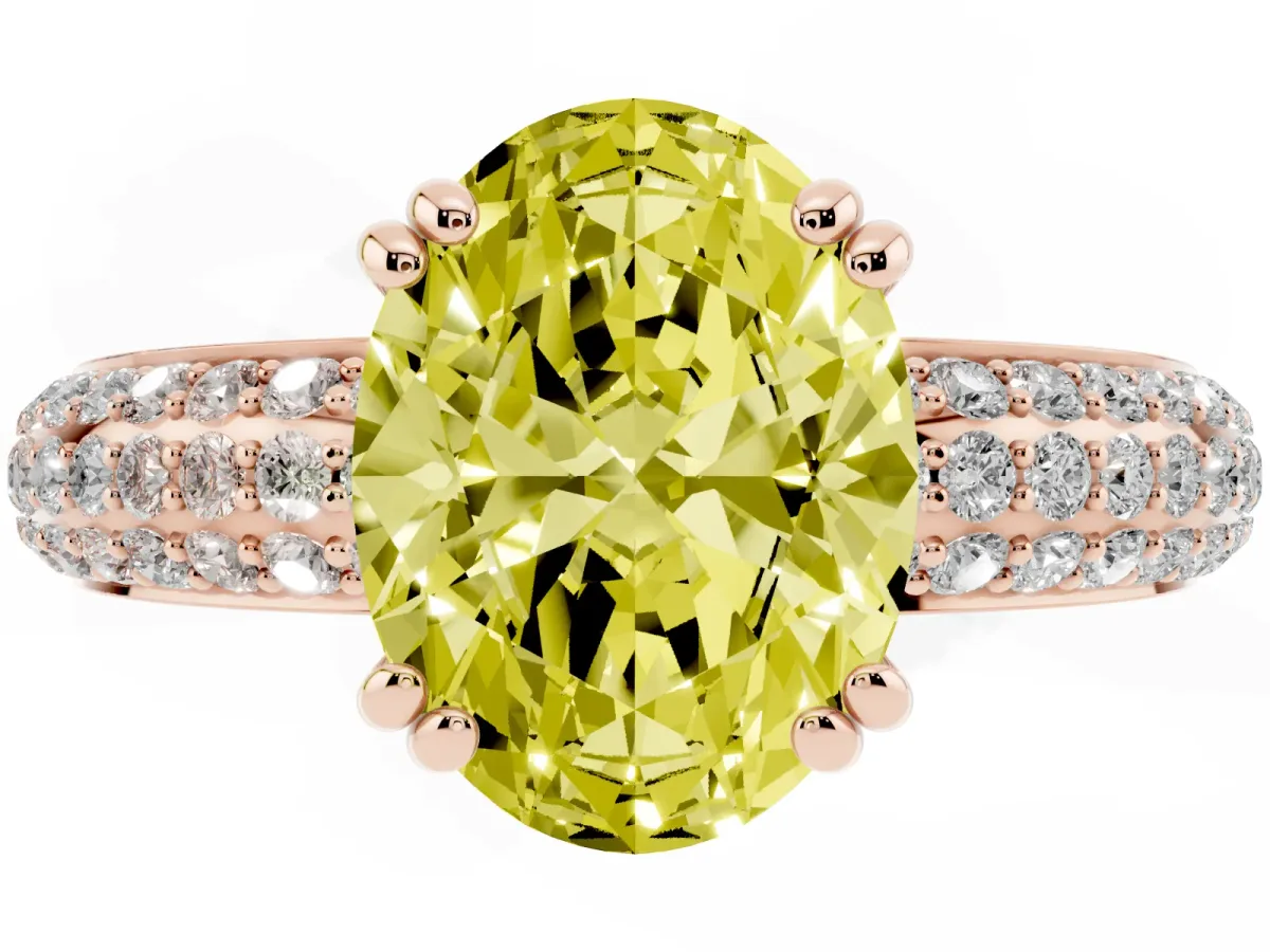 Fancy Yellow Oval Cut Diamond Solitaire Ring with Multi-Row Round Pavé Band and Prong Setting Rose gold