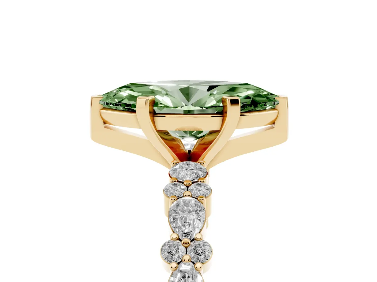 Fancy Green Marquise Cut Diamond Side Stone Solitaire Ring with Round and Four-Prong Setting Yellow gold